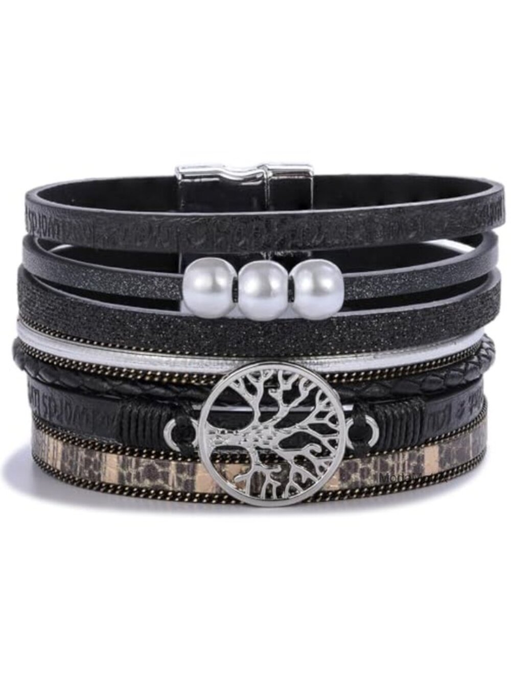 Leather Wrap Bracelet with Magnetic Clasp Inspirational Cuff Boho Pearl